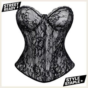Lace Up Bustier Corset Top Vintage Overbust Steel Boned Shapewear Lingerie